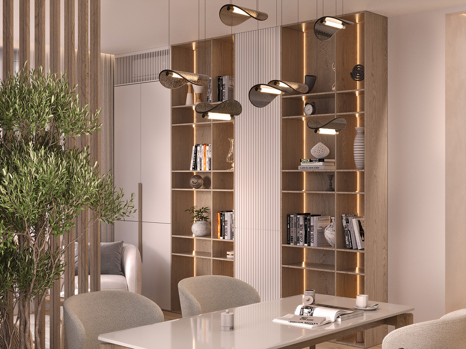 3D визуализация интерьера гостиной в современном стиле, ЖК Freedom Москва