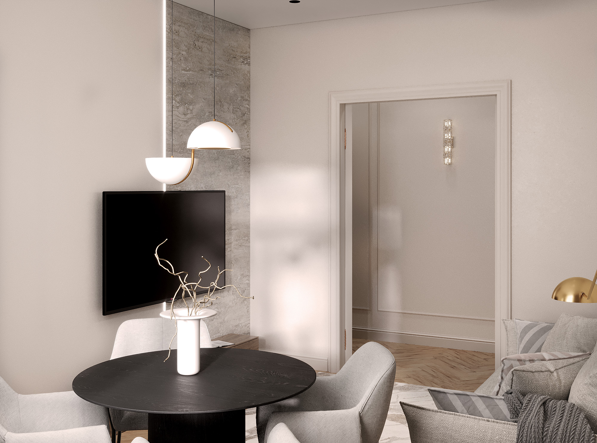 3D визуализация интерьера гостиной в современном стиле Moscow Kutuzovskiy 23