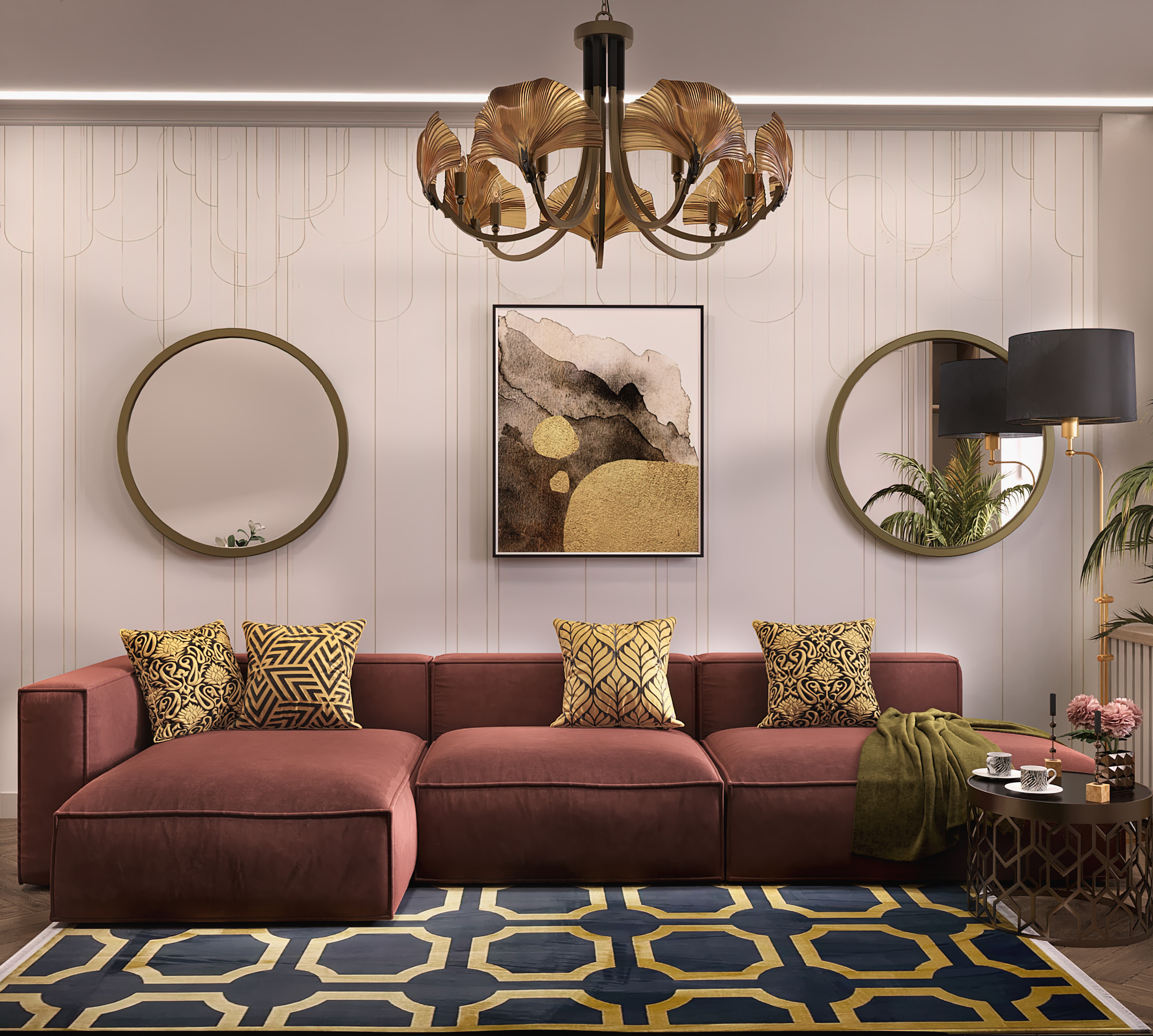 3D визуализация интерьера гостиной в Art Deco, старый фонд